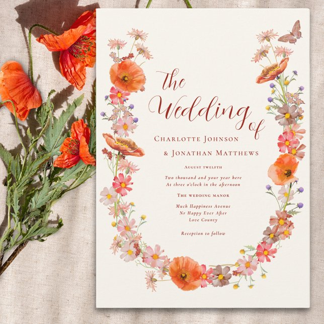 Convite Boho Wildflower Butterfly Terthy (Boho wildflower butterfly wedding invitation in orange brown and peach watercolor florals)