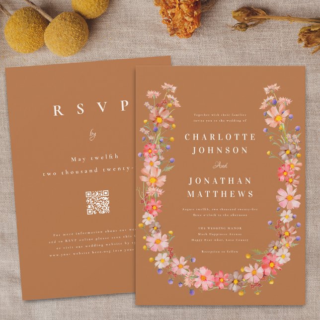 Convite Boho Wildflower Casamento outono (Terracotta Brown fall boho rustic wildflower wreath wedding invitation watercolor autumn florals )
