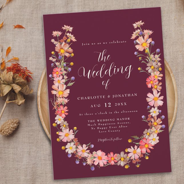Convite Boho Wildflower Casamento outono (Boho rustic floral fall wedding Invitation burgundy ivory cream elegant script watercolor wildflower)