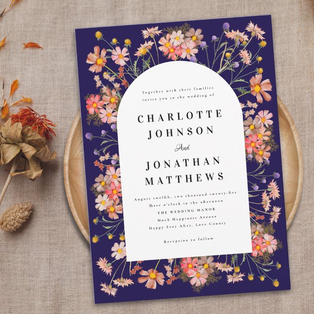 Convite Boho Wildflower Casamento outono (Boho rustic wildflower navy blue fall wedding invitation Elegant modern watercolor florals)