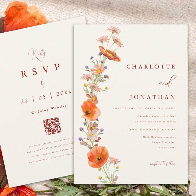 Convite Boho Wildflower Casamento outono (Boho wildflower fall orange wedding invitation with qr code )