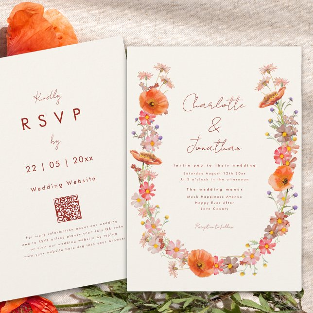 Convite Boho Wildflower Casamento outono (Boho wildflower wreath fall wedding invitation orange peach brunt orange whimsical script)