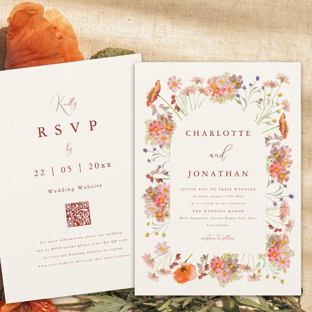 Convite Boho Wildflower Casamento outono (Boho wildflower fall wedding invitation with dried flowers and burnt orange script qr code)