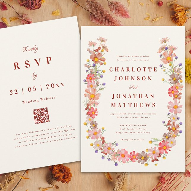 Convite Boho Wildflower Casamento outono (Wildflower wreath fall wedding invitation )