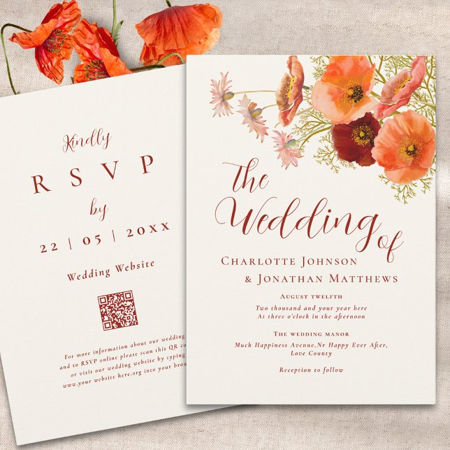 Convite Boho Wildflower Código QR Casamento (Elegant boho wildflower wedding qr code fall invitation )