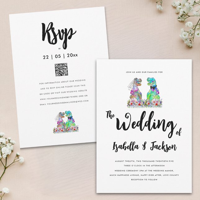 Convite Boho Wildflower Dinosaur Bride e Casamento de Groo (Dinosaur theme wildflower wedding invitation with dino bride and groom wedding rsvp website qr code)