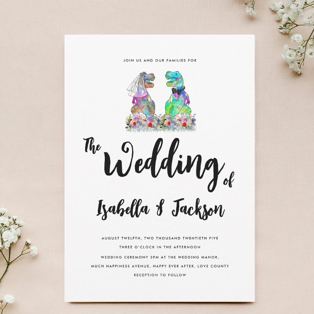 Convite Boho Wildflower Dinosaur Bride e Casamento de Groo (Colorful boho wildflower Dinosaur theme wedding invitation with fun T-Rex bride and groom)
