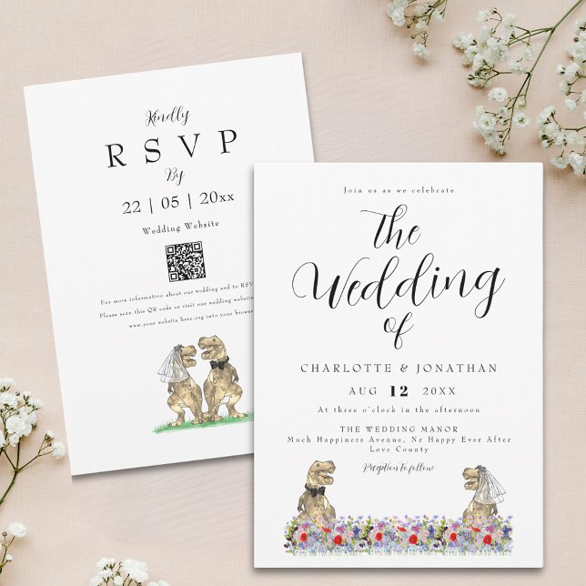 Convite Boho Wildflower Dinosaur Casamento Código QR (Boho wildflower dinosaur wedding invitation with elegant script watercolor florals and qr code)