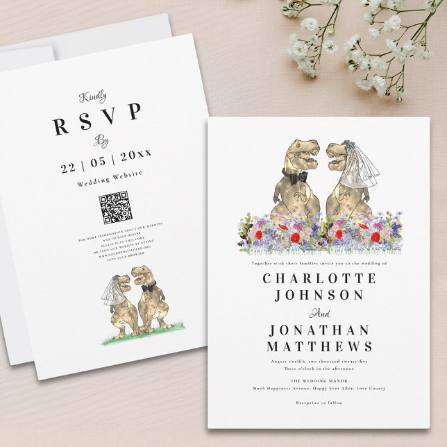Convite Boho Wildflower Dinosaur Weding (Wildflower dinosaur wedding invitation with qr code and watercolor summer and spring florals)