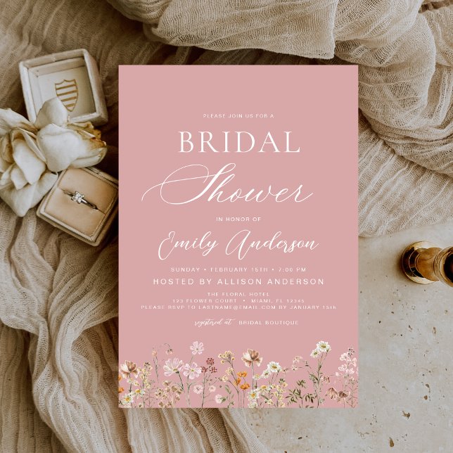 Convite Boho Wildflower Dusty Rosa Chá de panela rosa (Criador carregado)