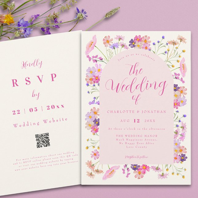 Convite Boho Wildflower Elegant Pink Código QR Casamento (Boho wildflower pink script wedding qr code invitation )