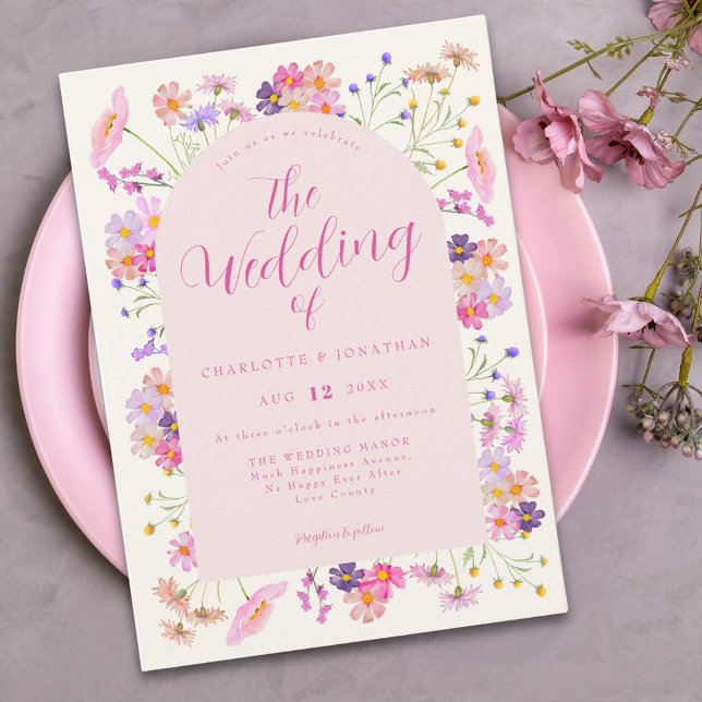 Convite Boho Wildflower Elegant Pink Weding (Boho chic wildflower pink wedding invitation )