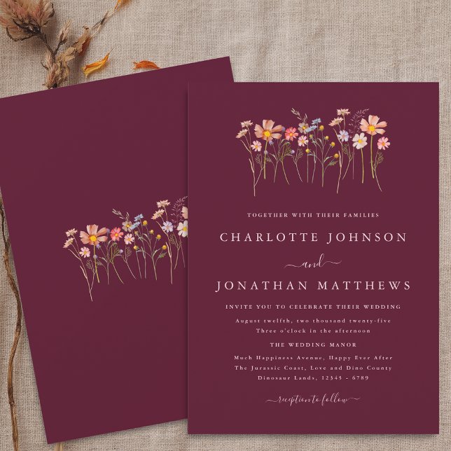 Convite Boho Wildflower Fall Burgundy Blush Pink Casamento (Wildflower boho fall floral burgundy blush pink Wedding invitation Watercolor whimsical flowers)