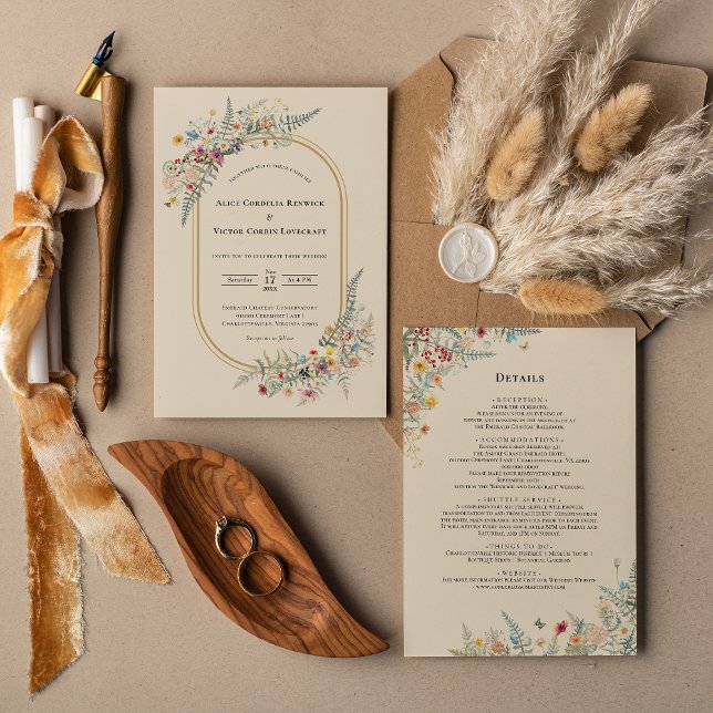 Convite Boho Wildflower Fern Beige Detalhes do Casamento e (Criador carregado)