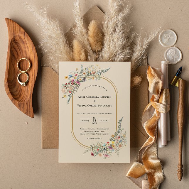 Convite Boho Wildflower Fern Beige Wedding (Criador carregado)