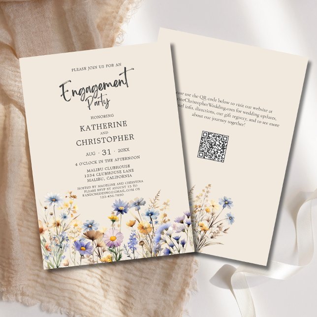 Convite BOHO Wildflower Festa de noivado Elegant Beige (BOHO Wildflowers Elegant Engagement Party Invitation with Purple, Blue, Yellow Flowers, QR Code.)