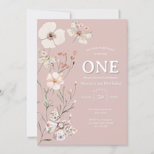 Convite Boho Wildflower Floral Baby Birthday (Frente)