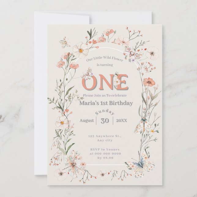 Convite Boho Wildflower Floral Baby Birthday (Frente)