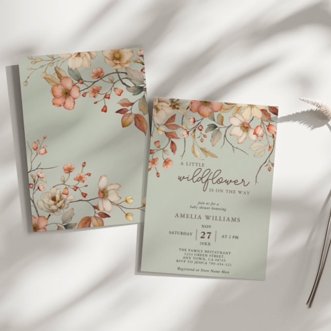 Convite Boho Wildflower Floral Sage Green Chá de fraldas (Criador carregado)