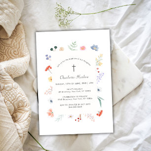 Convite Boho Wildflower Frame Cross Baptism