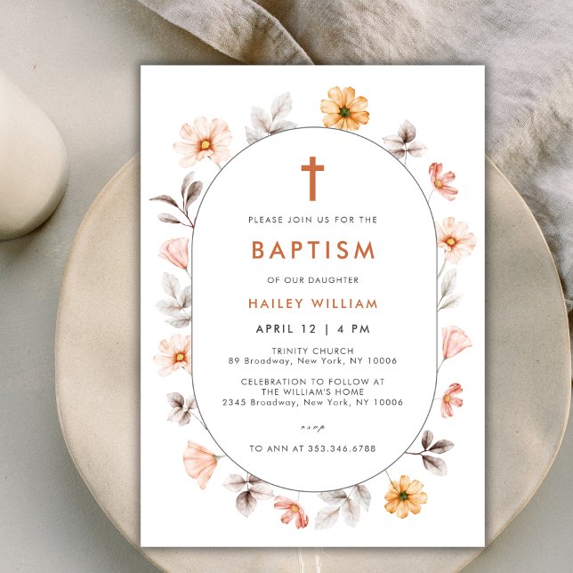 Convite Boho Wildflower Frame Cross Baptism Minimalista (Minimalist Boho Wildflower Frame Cross Baptism Invitation)