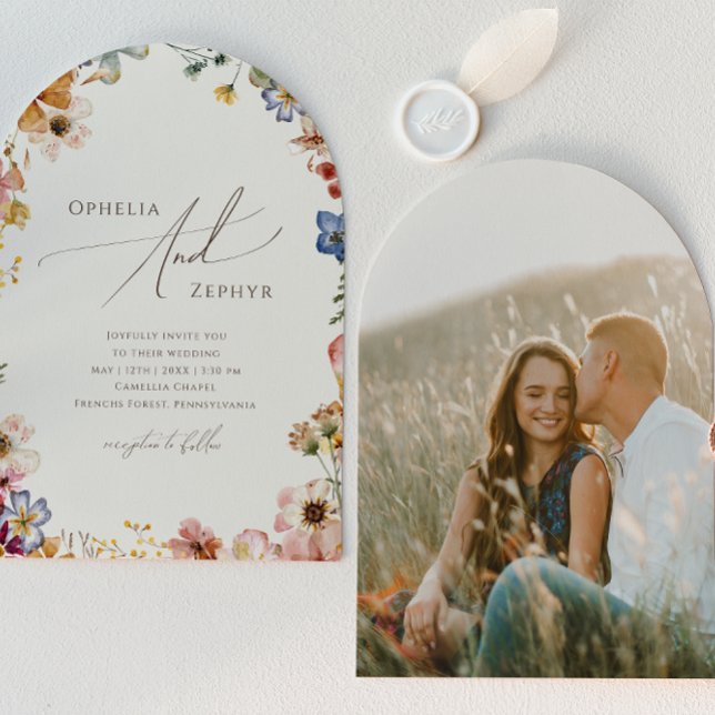 Convite Boho Wildflower Garden Beige Photo Arch Casamento (Criador carregado)