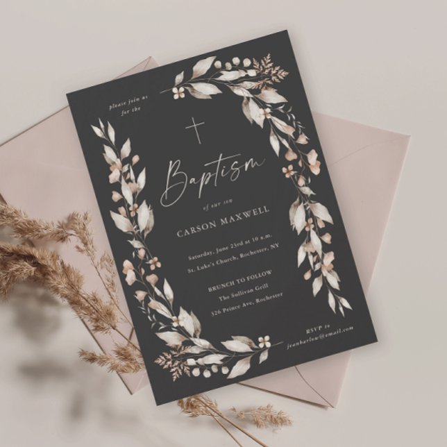 Convite Boho Wildflower Gender Baptism Neutro (Boho wildflower elegant gender neutral baptism christening invitation.)