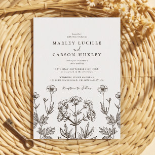 Convite Boho Wildflower Line Art White Texture