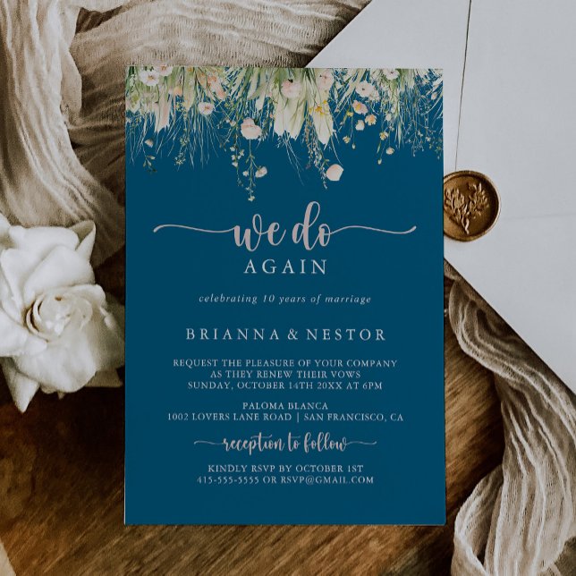 Convite Boho Wildflower Marinho Blue Vow Renewal (Criador carregado)