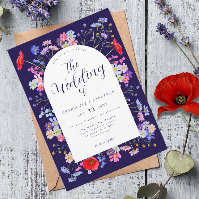 Convite Boho Wildflower Marinho Blue Weding (Navy blue wildflower summer wedding invitation with elegant script )