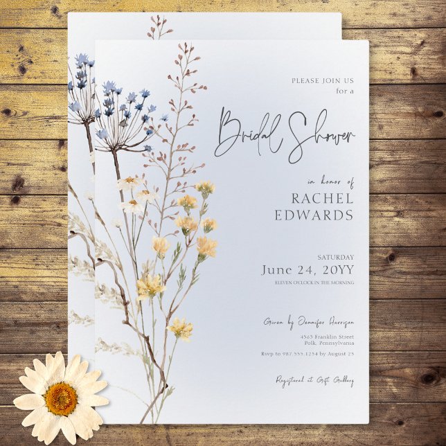Convite Boho Wildflower Modern Blue Chá de panela (Boho Wildflower Modern Blue Bridal Shower Invitation)
