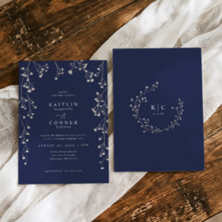 Convite Boho Wildflower Navy Blue Baby's Breath Wedding