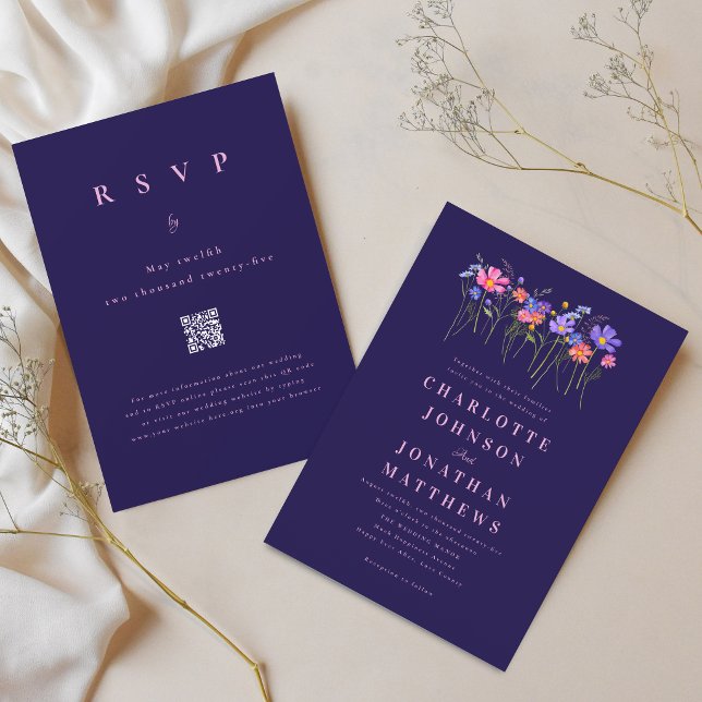 Convite Boho Wildflower Navy Blue Pink Wedding QR Code (Elegant wildflower vibrant blue pink floral navy blue wedding qr code invitation)