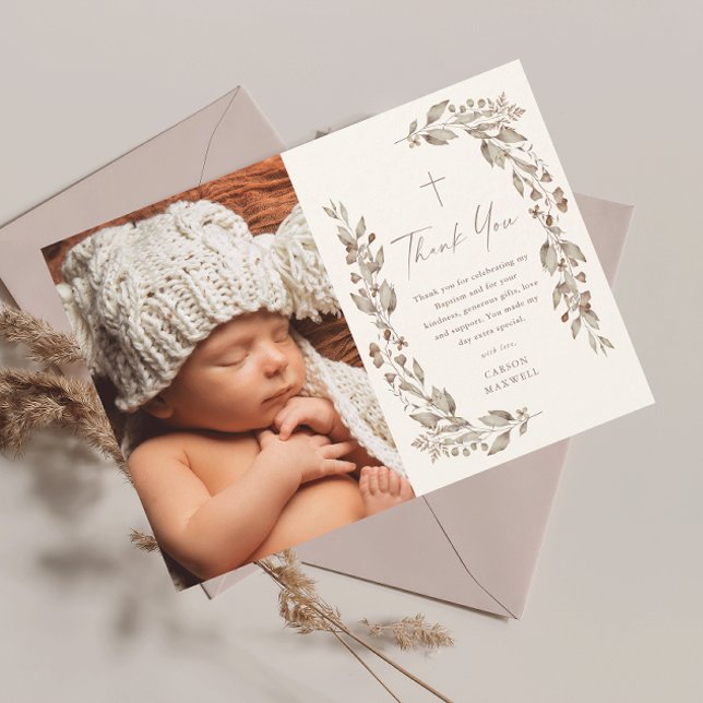 Convite Boho Wildflower Neutral Photo Baptism Obrigado (Boho wildflower elegant ivory gender neutral photo baptism thank you card.)