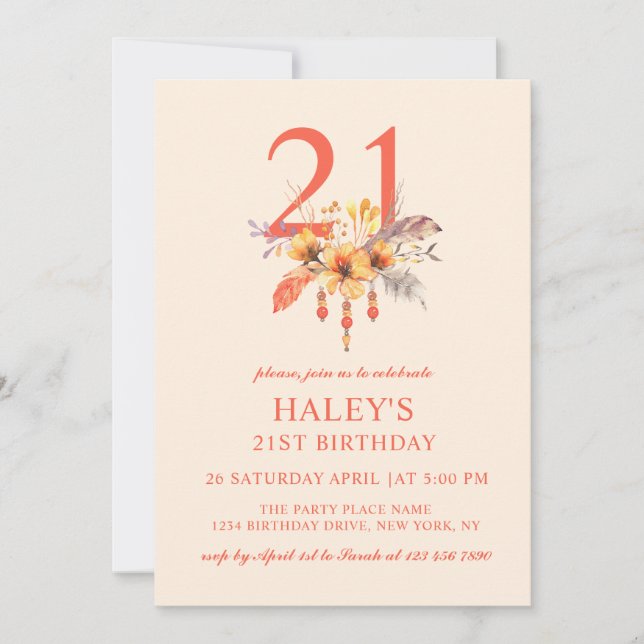 Convite Boho Wildflower Outono Floral de Aniversário de 21 (Frente)