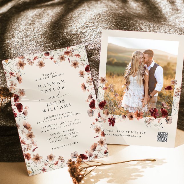 Convite Boho Wildflower Photo Código QR Casamento RSVP (Criador carregado)