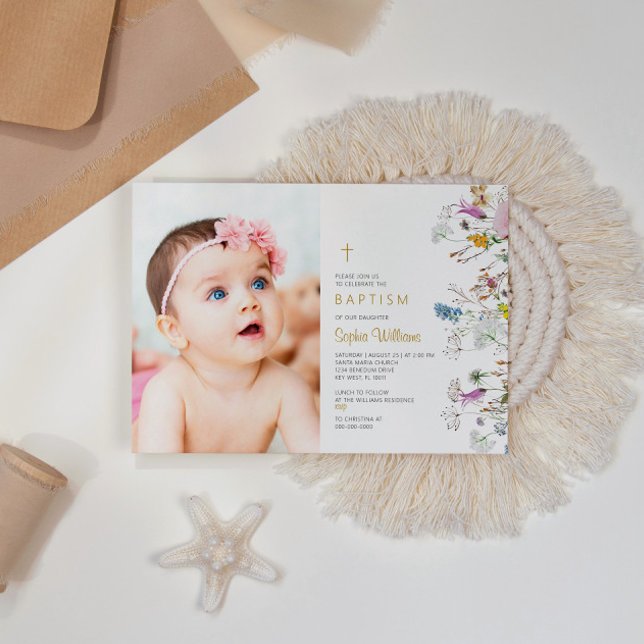 Convite Boho Wildflower Photo Girl Baptism (Criador carregado)
