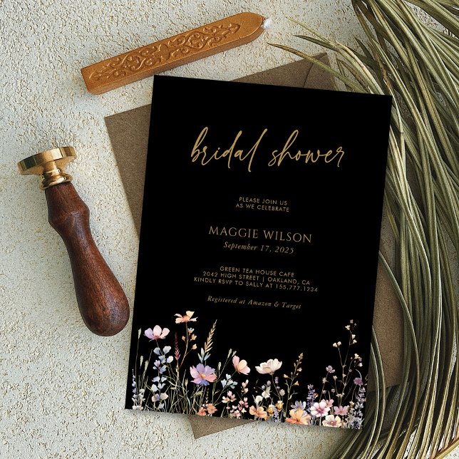 Convite Boho Wildflower Pop! Chá de panela Preto (Boho Wildflowers Pop! Black Bridal Shower Invitation Personalized)