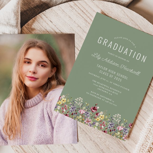 Convite Boho Wildflower Sage Graduação em Foto Verde (Criador carregado)