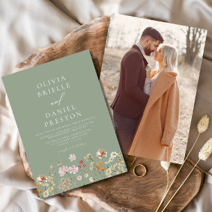 Convite Boho Wildflower Sage Green Photo Garden Casamento