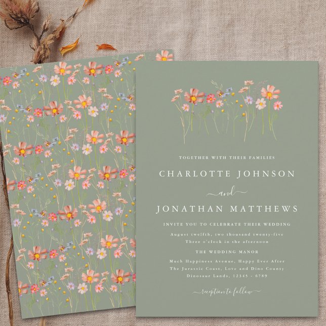 Convite Boho Wildflower Sage Green Wedding (Wildflower boho fall floral sage green Wedding invitation Watercolor meadow flowers elegant modern)
