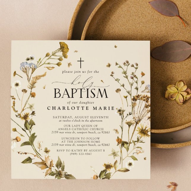 Convite Boho Wildflower Santo Batismo Elegante Cross Flora (Holy Baptism Invitations!)