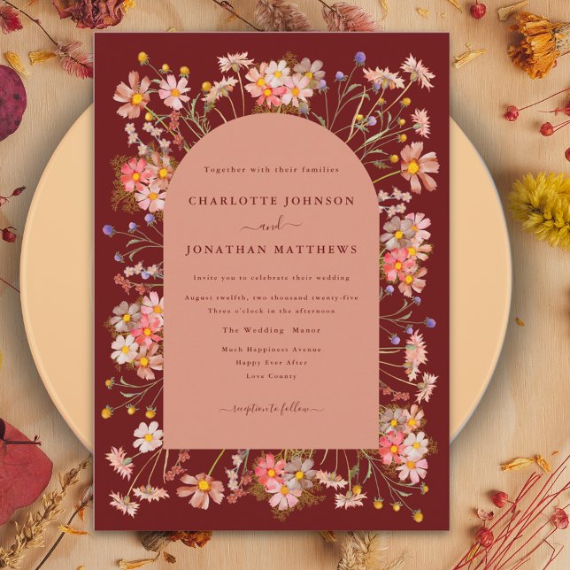 Convite Boho Wildflower Terracotta Arch Casamento outono (Burnt orange wildflower fall wedding arch invitation)