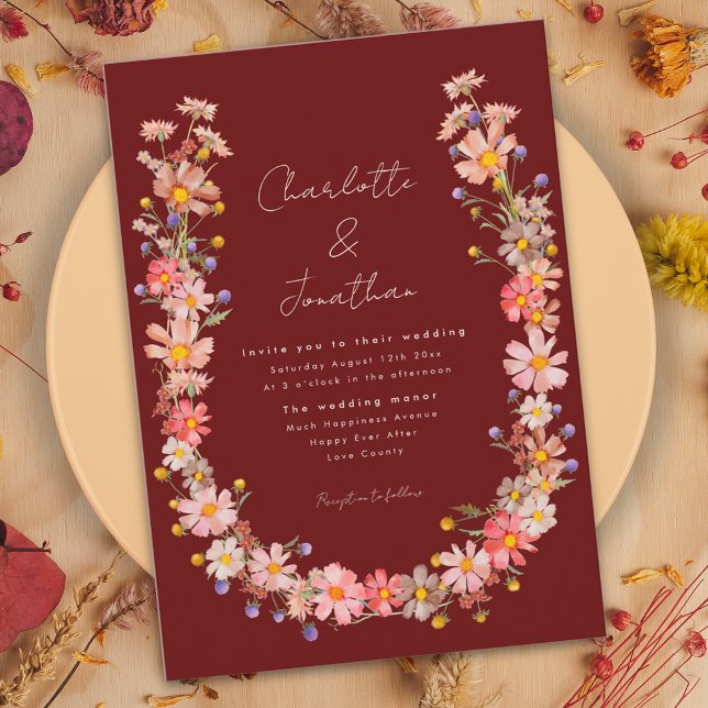 Convite Boho Wildflower Terracotta Casamento outono (Boho wildflower fall wedding invitation terracotta burnt orange peach beige purple pink dried flower)