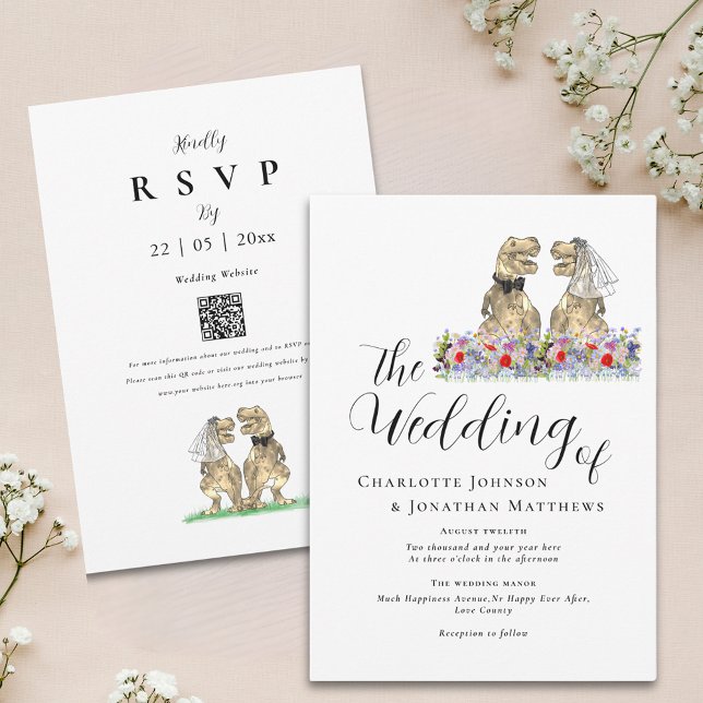 Convite Boho Wildflower Theme Weding (Boho wildflower dinosaur wedding invitation with elegant script watercolor florals and qr code)
