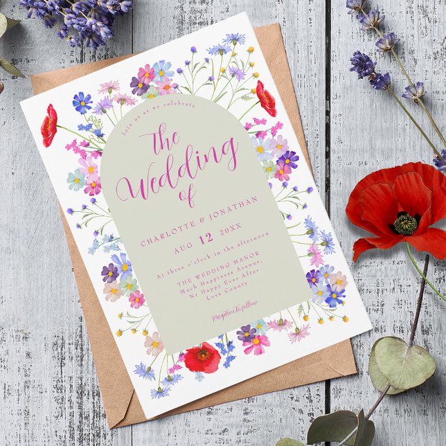 Convite Boho Wildflower Wedding (Colorful wildflower boho chic pink script wedding invitation )