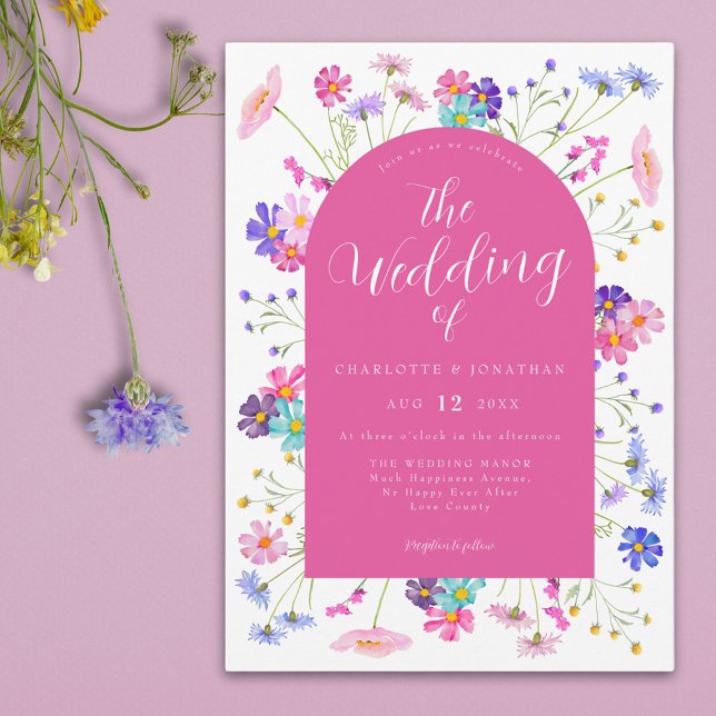 Convite Boho Wildflower Wedding (Colorful wildflower elegant hot pink summer wedding invitation )