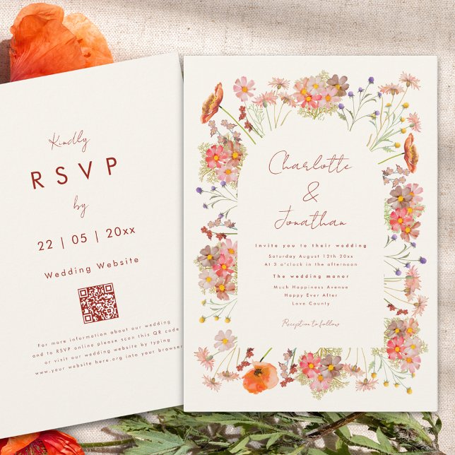 Convite Boho Wildflower Wedding Código QR (Boho wildflower arch fall wedding invitation orange beige brown and burnt orange)