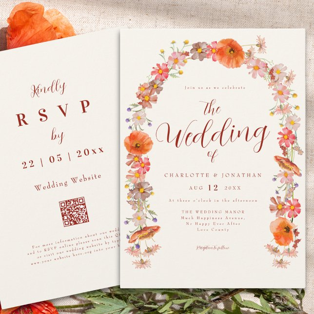 Convite Boho Wildflower Wedding Código QR (Elegant boho wildflower arch wedding qr code invitation )