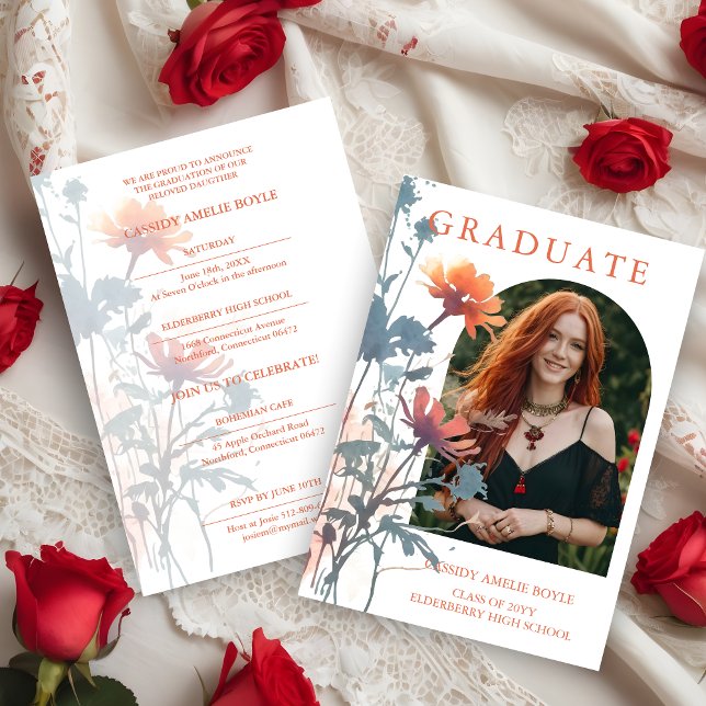 Convite Boho Wildflowers Bunch Photo Modern Arch Photo (Boho Wildflowers Bunch Photo Modern Arch Frame Graduate Invitation Card. )